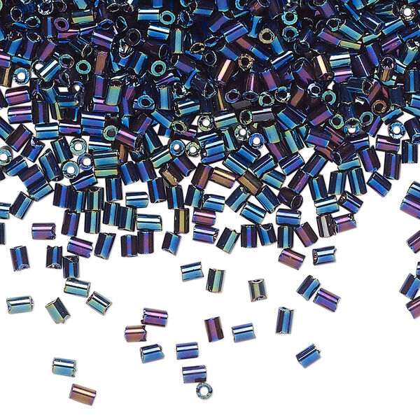 Bugle bead glass 1pk #1 round tube, 50 gram opaque blue iris black image number 0