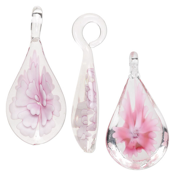 Focal, glass, clear with pink flower, 53x25mm teardrop. Sold individually. image number 0