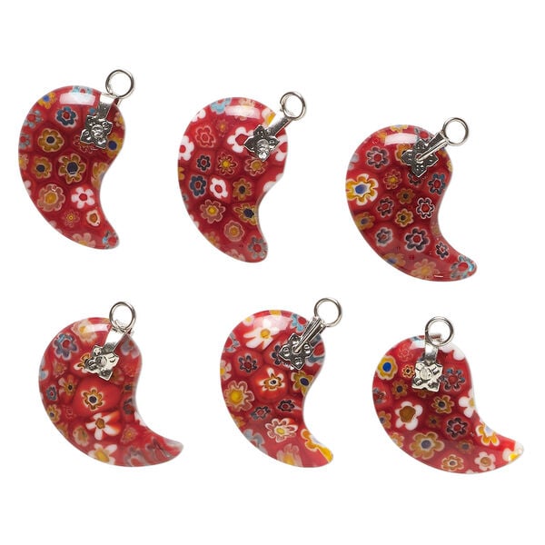 Drop, millefiori glass and silver-finished steel 1pkg6, translucent red and multicolored, 23x18mm-24x20mm paisley. image number 0