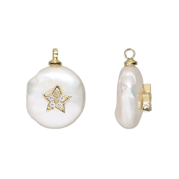 Drop, cubic zirconia / cultured freshwater pearl (bleached) / gold-finished brass, white and clear, 12-13mm single-sided round with star design. Sold individually. image number 0