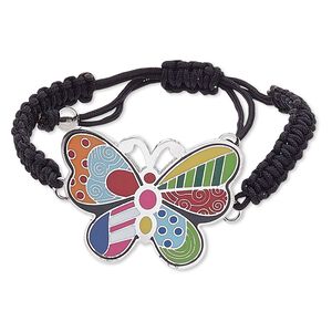 Bracelet, enamel / waxed cotton cord / stainless steel, multicolored, 44x33mm butterfly, adjustable from 6-1/2 to 10-1/2 inches with macramé knot closure. Sold individually.