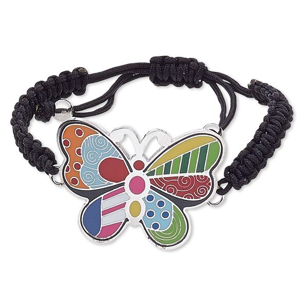 Bracelet, enamel / waxed cotton cord / stainless steel, multicolored, 44x33mm butterfly, adjustable from 6-1/2 to 10-1/2 inches with macramé knot closure. Sold individually. image number 0