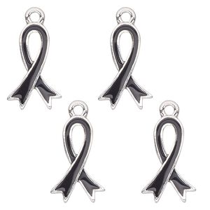 Charm, antique silver-finished enamel "pewter" (zinc-based alloy), black, 18x12mm single-sided awareness ribbon. Sold per pkg of 4.