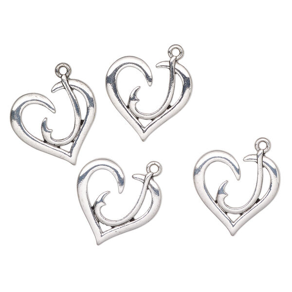 Charm, antique silver-finished "pewter" (zinc-based alloy), 24x22mm heart with fishhook cutout. Sold per pkg of 4. image number 0