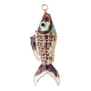 Focal, enamel and gold-finished copper, purple and multicolored, 4 x 1-1/4 inch articulated fish. Sold individually.
