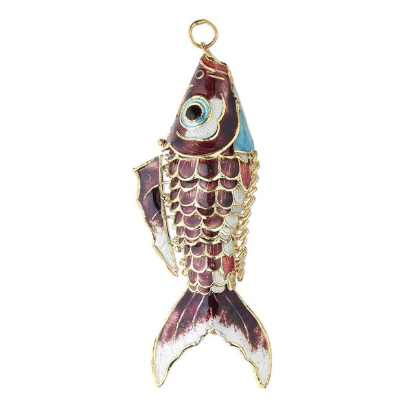 Focal, enamel and gold-finished copper, purple and multicolored, 4 x 1-1/4 inch articulated fish. Sold individually. image number 0