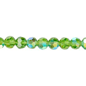 Bead 1pk 32 facets translucent green AB, Celestial Crystal® 6mm round 15.5-16 inch