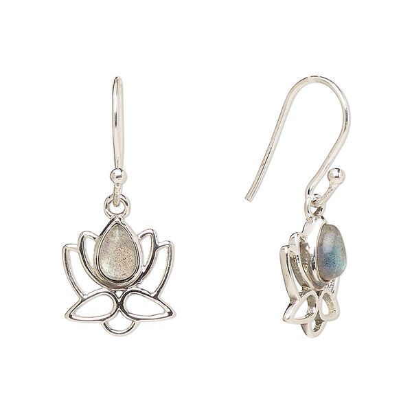 Ear wire, Create Compliments®, antiqued sterling silver and labradorite (natural), fishhook, 26.5mm with 12mm single-sided open lotus, 21 gauge. Sold per pair. image number 0