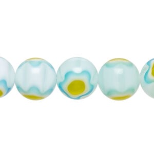 Bead, millefiori glass 1pkg1, translucent light blue / yellow / white, 11-13mm round, 15 inches.