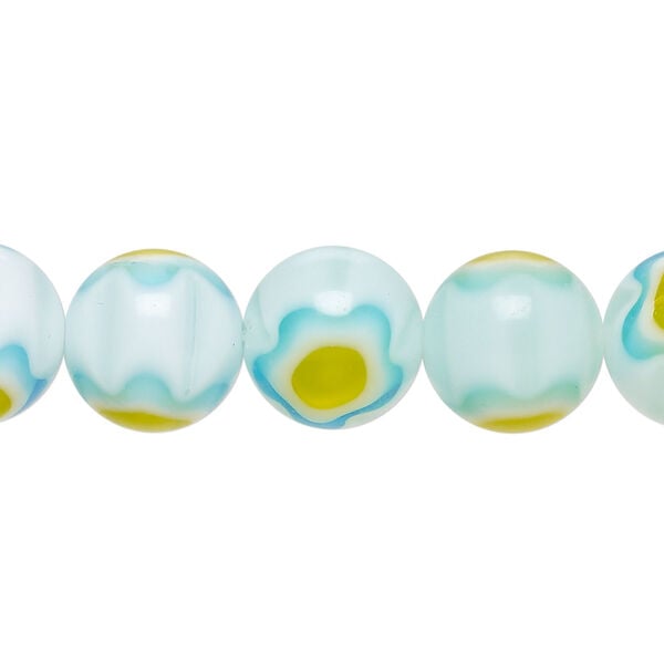 Bead, millefiori glass 1pkg1, translucent light blue / yellow / white, 11-13mm round, 15 inches. image number 0