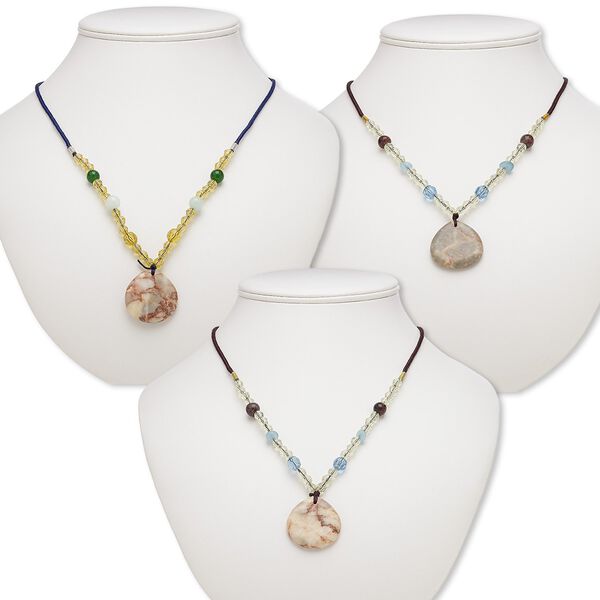Multi-gemstone / acrylic / glass 1pkg3, teardrop pendant necklace mix continuous loop 20-24 inch 29x28mm-31x31mm image number 0