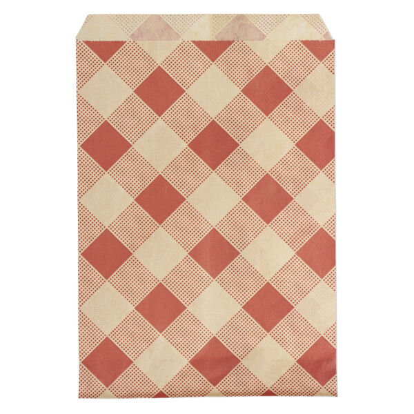Bag, paper, brown and red, 7x5 inch rectangle with plaid-print and scalloped top edge. Sold per pkg of 100. image number 0
