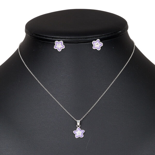 Necklace and earring set, sterling silver and enamel, white / purple / dark purple, 10.5mm star, 15" to 16" necklace with springring clasp, earrings with post. Sold per set. image number 0