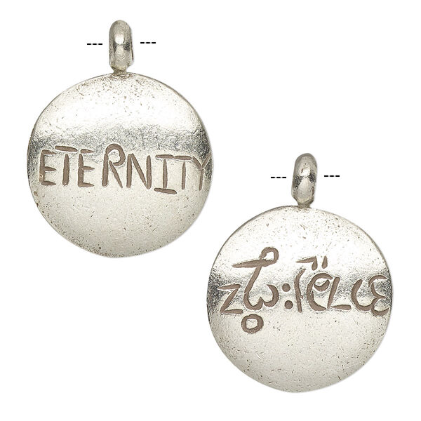 Drop, Hill Tribes, antiqued fine silver, 19mm double-sided round with "Eternity." Sold individually. image number 0