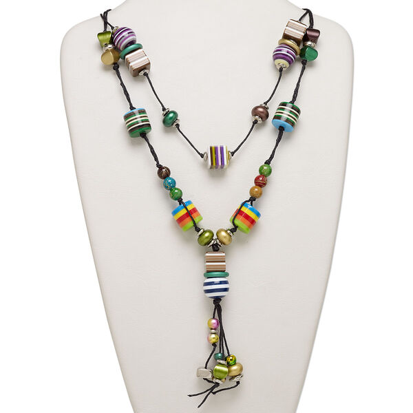 Necklace, acrylic and waxed cotton cord, multicolored, 20mm round, adjustable 20-39 inches with knot closure. Sold individually. image number 0