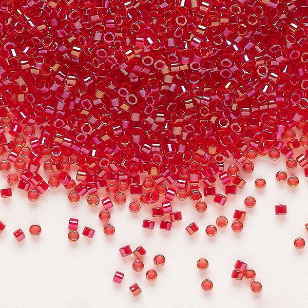 Seed bead, Delica®, glass, pkg/50g, #11 round, translucent scarlet-lined luster crystal clear (DB-2374). image number 0