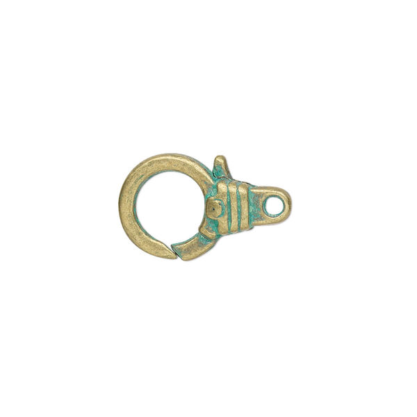 Clasp, lobster claw, antique brass-plated "pewter" (zinc-based alloy), green patina, 18.5x11.5mm double-sided with ribbed design. Sold per pkg of 8. image number 0