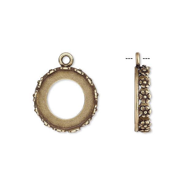 Drop, JBB Findings, antiqued brass, 16mm round with open back and flower design trim, 14mm round bezel setting. Sold per pkg of 2. image number 0