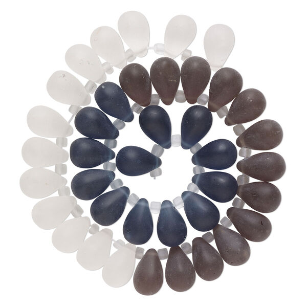 Bead, glass, translucent matte clear, dark blue and smoke, 16x10mm top-drilled teardrop with irregular rondelles. Sold per 14-inch strand. image number 0