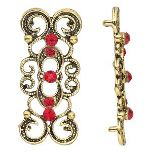 Spacer, antique gold-finished "pewter" (zinc-based alloy) and Czech glass rhinestone, light Siam, 39x16mm 2-strand fancy rectangle. Sold per pkg of 4.