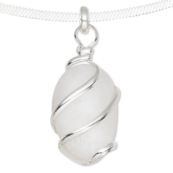 Pendant, white agate (natural) and silver-plated brass, medium to large hand-cut wire-wrapped tumbled nugget. Sold individually. image number 0