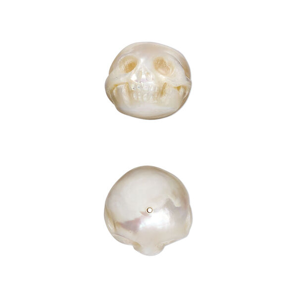Bead, cultured freshwater pearl shell (natural), 12x11mm hand-carved 3D skull, Mohs hardness 3-1/2. Sold individually. image number 0