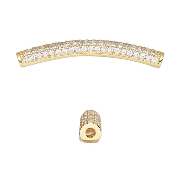 Bead, cubic zirconia and gold-finished brass, clear, 36x4.5mm curved tube. Sold individually. image number 0