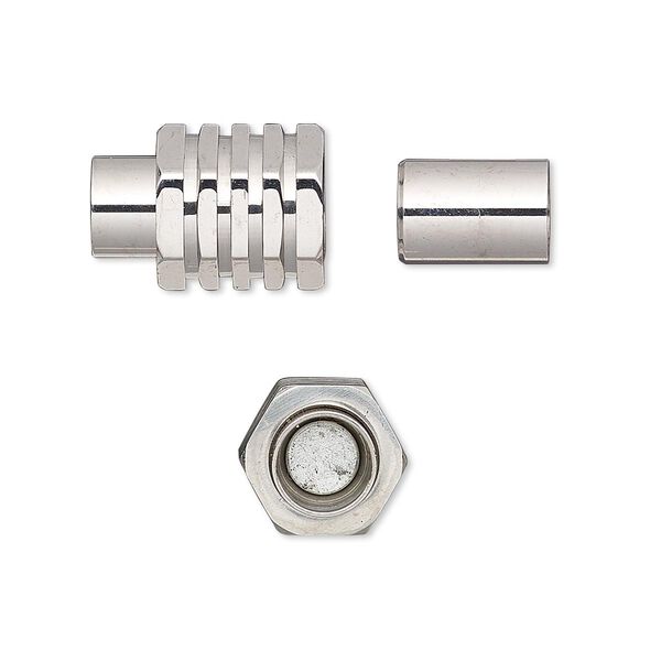 Clasp, magnetic barrel, stainless steel, 15x10mm ribbed with glue-in ends, 6mm inside diameter. Sold individually. image number 0