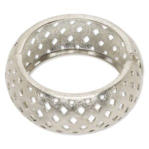 Bracelet, hinged bangle, imitation rhodium-plated steel and "pewter" (zinc-based alloy), 29.5mm wide brushed with basket weave cutout design, 7-1/2 inches. Sold individually.