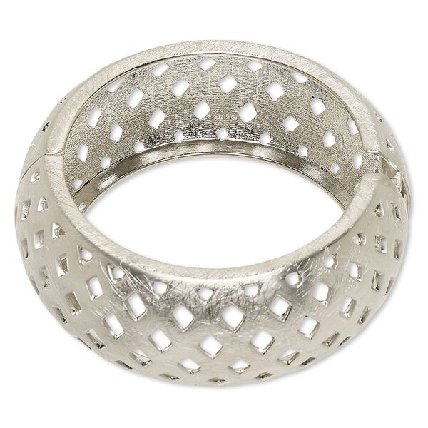 Bracelet, hinged bangle, imitation rhodium-plated steel and "pewter" (zinc-based alloy), 29.5mm wide brushed with basket weave cutout design, 7-1/2 inches. Sold individually. image number 0