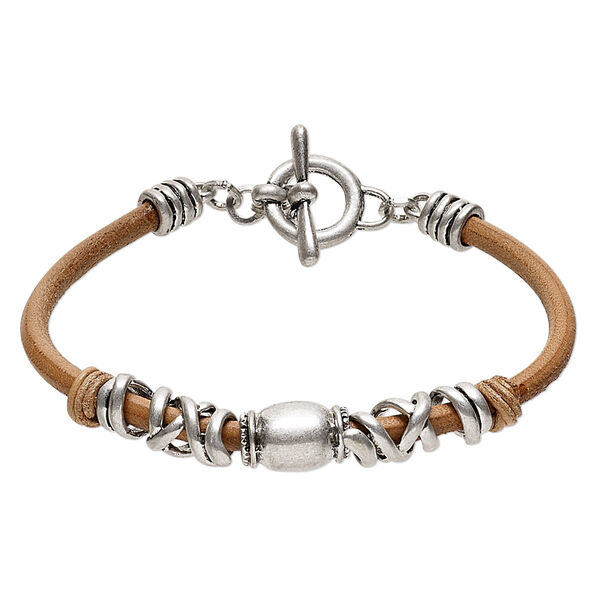 Bracelet, leather (natural) / steel / pewter (tin-based alloy), tan, 16x13mm barrel with wrapped design, 7-1/2 inches with toggle clasp. Sold individually. image number 0