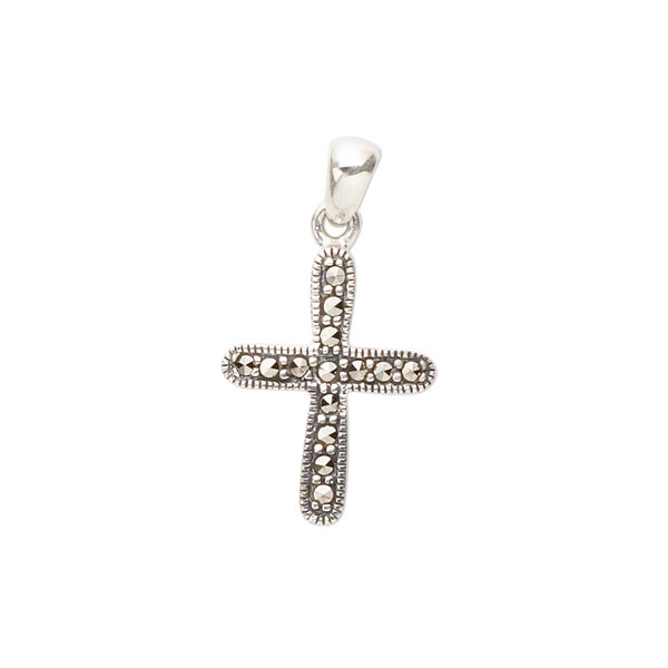 Pendant, marcasite (natural) and sterling silver, 18.5x14mm rounded cross. Sold individually. image number 0