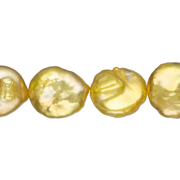 Pearl, cultured freshwater (dyed), gold, 10-12mm flat round, C- grade, Mohs hardness 2-1/2 to 4. Sold per 8-inch strand, approximately 15 beads. image number 0