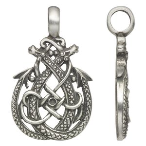 Pendant, antiqued pewter (tin-based alloy), 48x29mm single-sided teardrop with dragon design and 6.5mm hole. Sold individually.