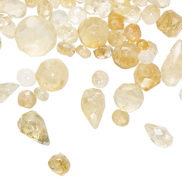 Bead mix, brandy citrine and citrine (dyed / heated), light to medium, 2x1mm-10mm hand-cut top- and center-drilled faceted mixed shapes with 0.4-1.4mm hole, D+ grade, Mohs hardness 7. Sold per 1-ounce pkg, approximately 160-180 beads. image number 0