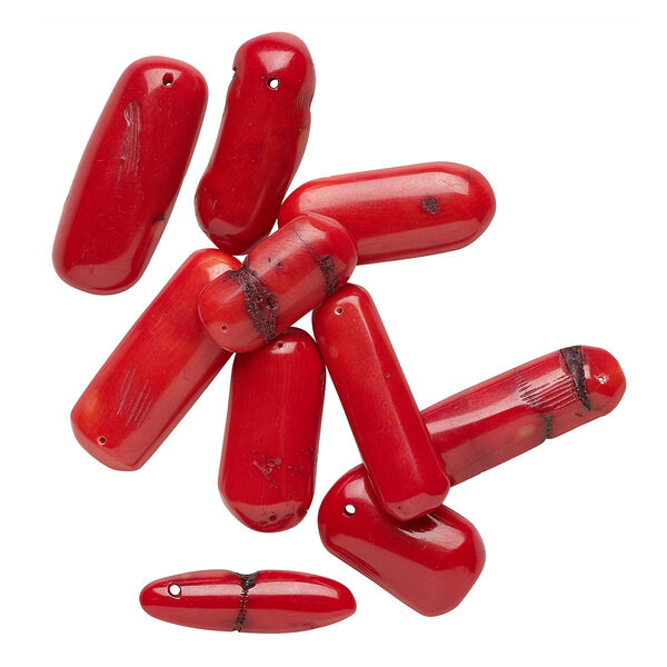 Focal and drop mix, bamboo coral (dyed), red, 15x10mm-41x16mm freeform, C grade, Mohs hardness 3-1/2 to 4. Sold per pkg of 10. image number 0