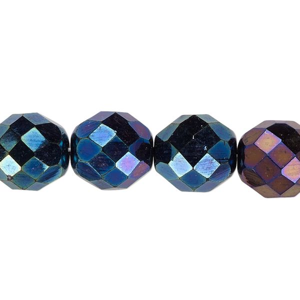 Bead, Czech fire-polished glass, pkg/15-1/2 to 16 inches, 12mm faceted round, opaque iris blue, (23980-21435). image number 0