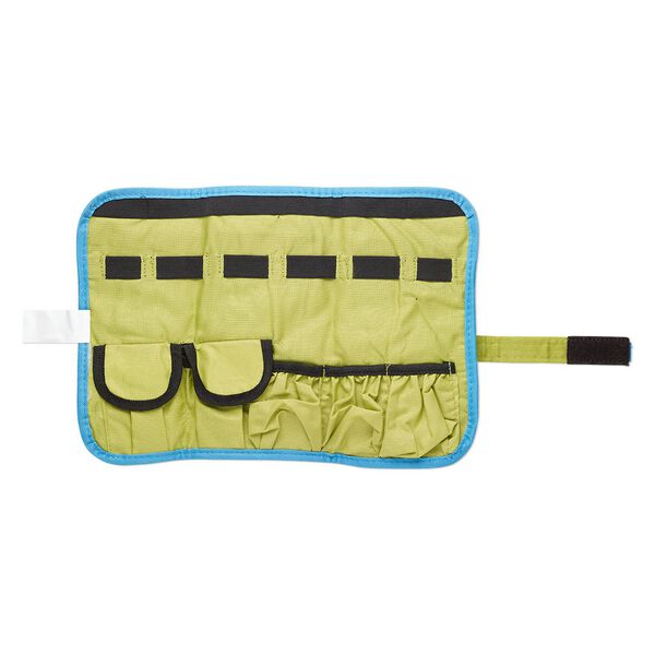Pouch, canvas / elastic / VELCRO®, blue / green / black, 14x9-1/2 inches with hook and loop closure with wraparound strap. Sold individually. image number 1