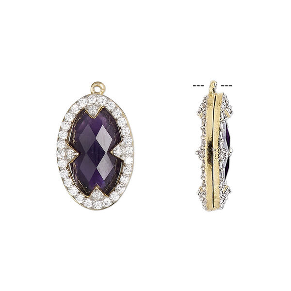 Drop, amethyst (natural) / cubic zirconia / gold-finished sterling silver, clear, 18x12mm double-sided faceted oval. Sold individually. image number 0