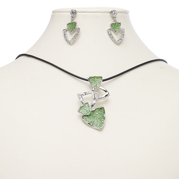 Necklace and earring set, enamel / waxed cotton cord / imitation rhodium-plated steel / "pewter" (zinc-based alloy), black and green, 56x32mm triangles, 18-inch necklace with 2-inch extender chain and lobster claw clasp, 35mm earrings with post. Sold per set. image number 0