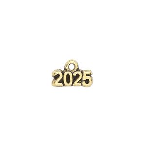Charm, antique gold-plated pewter (tin-based alloy), 13x5mm "2025." Sold per pkg of 2.