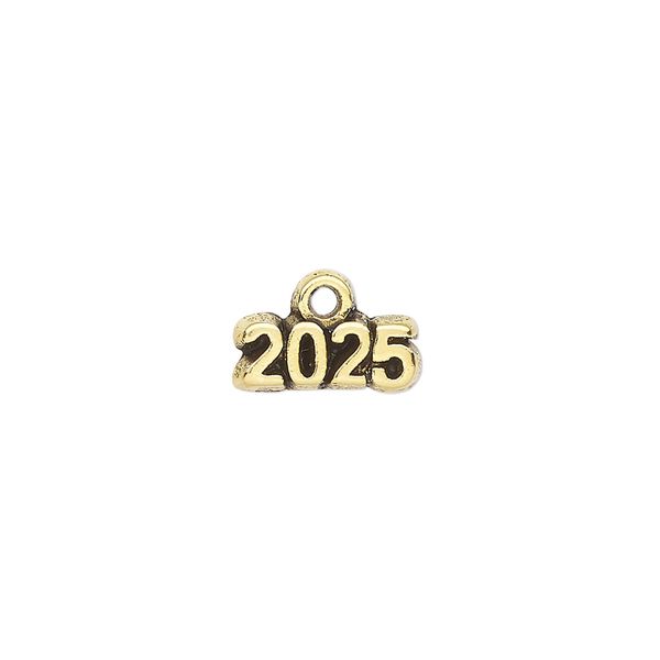 Charm, antique gold-plated pewter (tin-based alloy), 13x5mm "2025." Sold per pkg of 2. image number 0