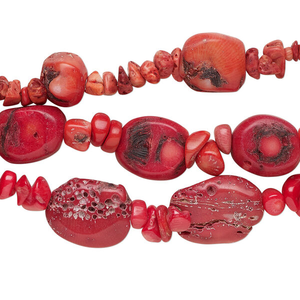 Bead mix, bamboo coral (dyed), light to dark red, small to extra-large chip, Mohs hardness 3-1/2 to 4. Sold per pkg of (3) 8-inch strands. image number 0