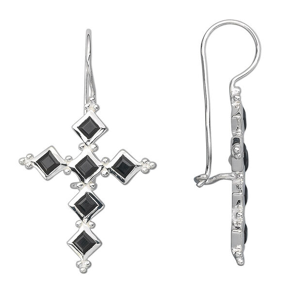 Earring, sterling silver and black onyx (dyed), 3mm faceted square, 42x24mm cross. Sold per pair. image number 0