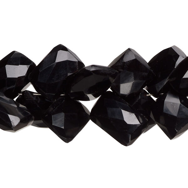 Bead, black onyx (dyed), 9x8mm-16x10mm hand-cut corner-drilled faceted puffed square and rectangle with 0.4-1.4mm hole, B grade, Mohs hardness 6-1/2 to 7. Sold per 8-inch strand, approximately 50 beads. image number 0