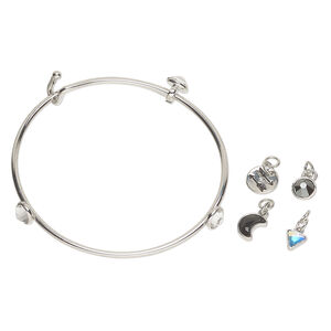 Bracelet / drop / charm assortment 1pkg5, antique silver-finished brass and steel / glass, crystal AB / jet / jet hematite, mixed sizes and shapes, 7-1/2 inches