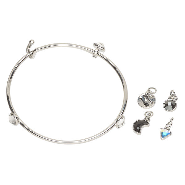 Bracelet / drop / charm assortment 1pkg5, antique silver-finished brass and steel / glass, crystal AB / jet / jet hematite, mixed sizes and shapes, 7-1/2 inches image number 0