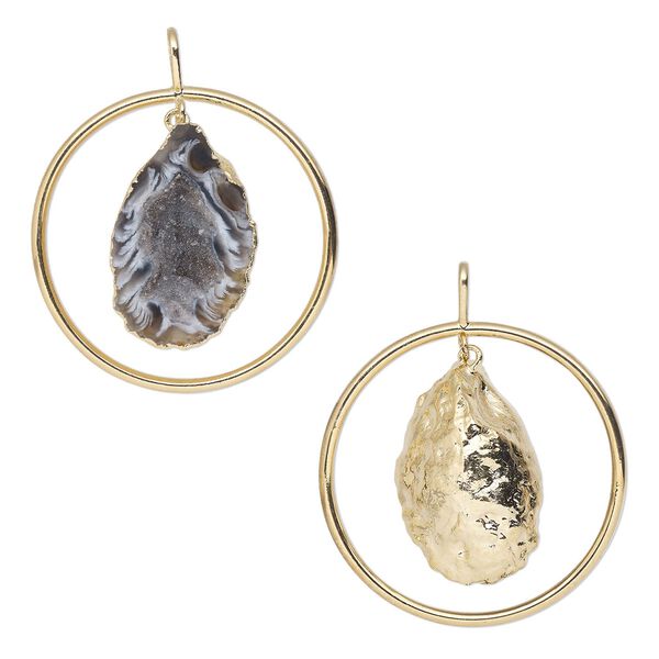 Pendant, Everyday Jewelry, gold-plated brass and agate geode (natural), 52x43mm-54x45mm open round. Sold individually. image number 0