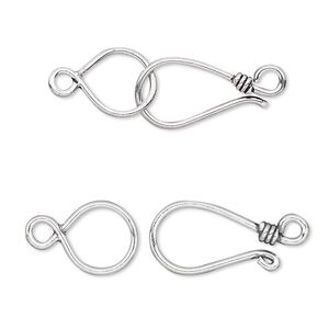 Clasp hook&eye 1pkg1 sterling silver, 32x10mm, antiqued 1-strand