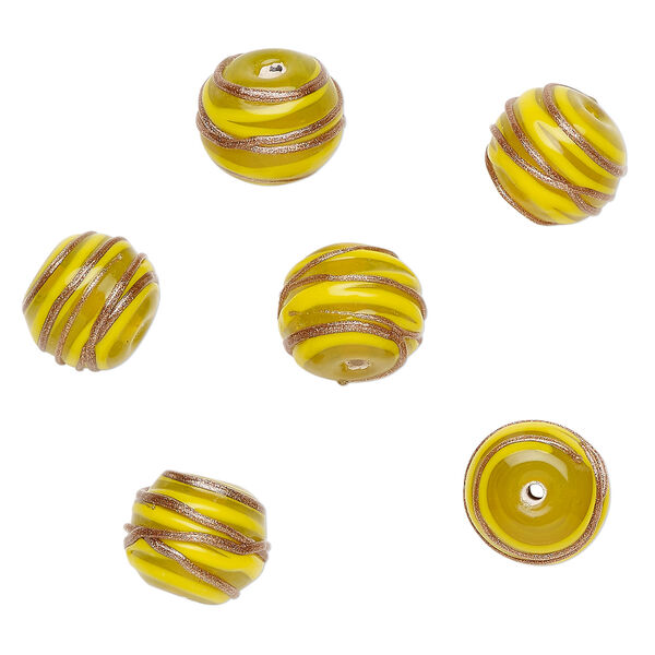 Bead, lampworked glass 1pkg6, translucent yellow / copper-colored glitter, 15x12mm rondelle with swirl. image number 0